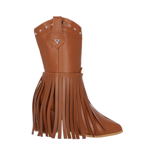 Platonia|Bota Vaquera Cowboy Con Flecos Camelia Cabra Piel Tabaco Para Mujer, Bota Vaquera Estilizada.