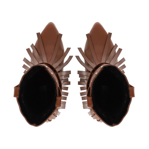 Platonia|Bota Vaquera Cowboy Con Flecos Camelia Cabra Piel Tabaco Para Mujer, Bota Vaquera Estilizada.