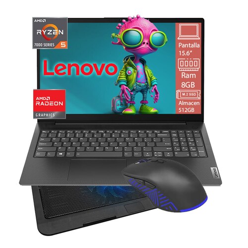 Laptop Lenovo V15 G4 Ryzen 5-7520u Ram 8GB Disco SSD 512GB Pantalla 15.6'' Windows 11 - Negro + Mouse + Base Enfriadora