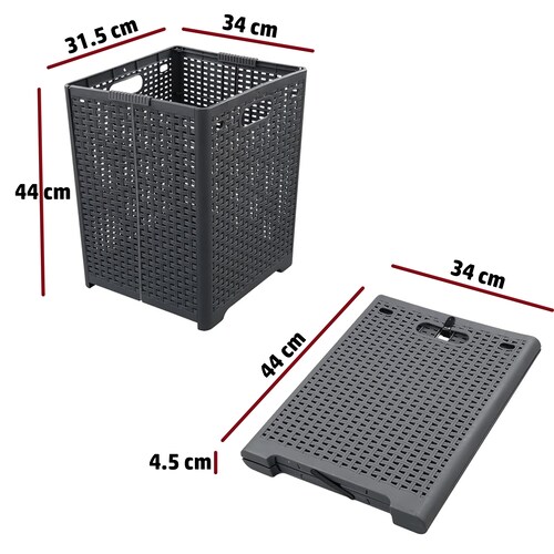Cesta plegable plástica con diseño de ratán. Canasta de lavandería grande fácil de guardar, con patas y asas. (Gris carbón)