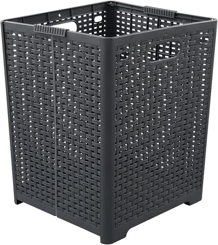Cesta plegable plástica con diseño de ratán. Canasta de lavandería grande fácil de guardar, con patas y asas. (Gris carbón)