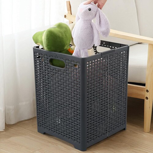 Cesta plegable plástica con diseño de ratán. Canasta de lavandería grande fácil de guardar, con patas y asas. (Gris carbón)