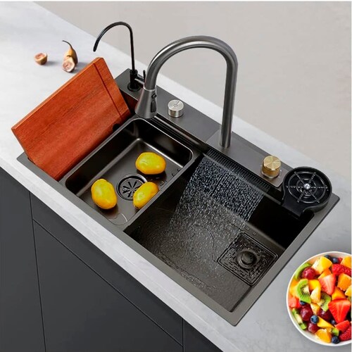 Tarja de cocina de acero inoxidable con cascada y grifo de extraible. Incluye Kit de desagüe y múltiples accesorios 80x45 cm.