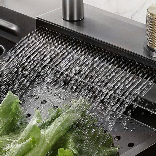 Tarja de cocina de acero inoxidable con cascada y grifo de extraible. Incluye Kit de desagüe y múltiples accesorios 80x45 cm.