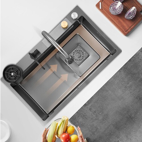 Tarja de cocina de acero inoxidable con cascada y grifo de extraible. Incluye Kit de desagüe y múltiples accesorios 80x45 cm.