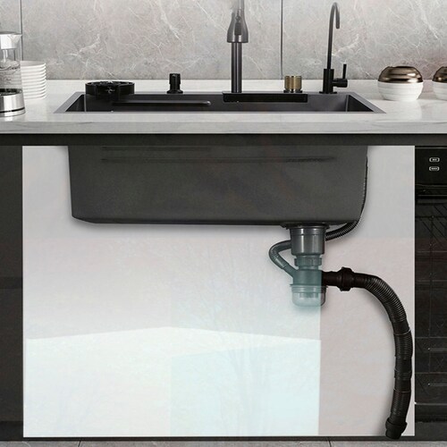 Tarja de cocina de acero inoxidable con cascada y grifo de extraible. Incluye Kit de desagüe y múltiples accesorios 80x45 cm.