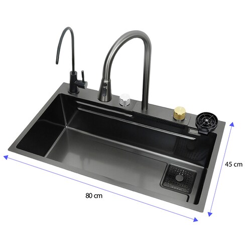 Tarja de cocina de acero inoxidable con cascada y grifo de extraible. Incluye Kit de desagüe y múltiples accesorios 80x45 cm.