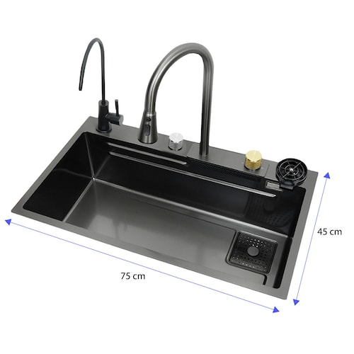 Tarja de cocina de acero inoxidable con cascada y grifo de extraible. Incluye Kit de desagüe y múltiples accesorios 75x45 cm