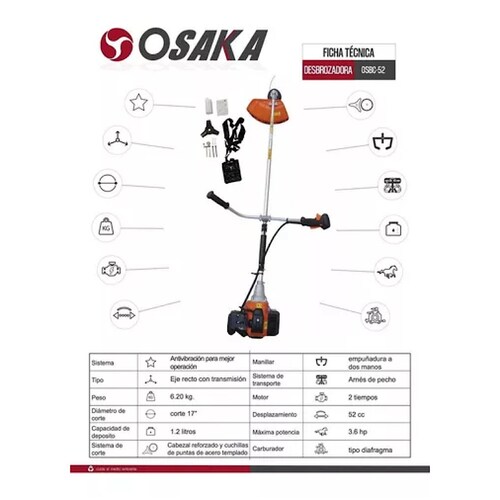Desbrozadora Uso Profesional Desmalezadora 3.6 Hp 52cc Osaka.