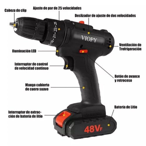 Taladro Inalambrico Con 2 Batería De Litio 2x48v