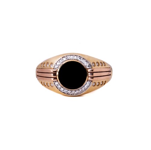 Anillo Círculo Negro y Circonias Oro 14 Kilates..