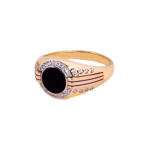 Anillo Círculo Negro y Circonias Oro 14 Kilates..
