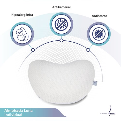MEMORY FOAM Almohada Luna Almohada Luna de Memory Foam Para Dormir de Lado o Boca Arriba Individual Color Blanco 58 x 40 x 10 cm.