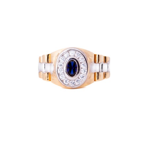 Anillo Estilo Rólex Óvalo Piedra Negra con Circonias Oro 14 Kilates.