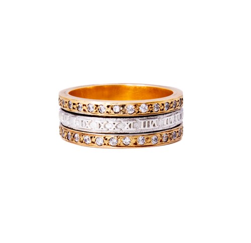 Anillo Giratorio Números Romanos con Circonia 2 Oros 14 Kilates..
