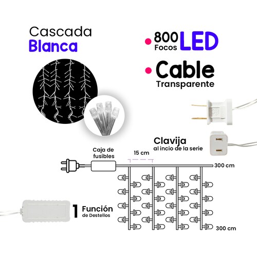 Cortina Serie Luces 800 Led Luz Blanca 3x3 Mts Cable Transpa