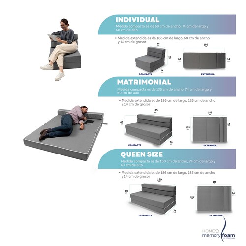MEMORY FOAM HOME Sofá Cama Matrimonial Cozy Plegable Sofá o Cama Tamaño Matrimonial Color Gris Medidas 186 x 135 x 14 cm.