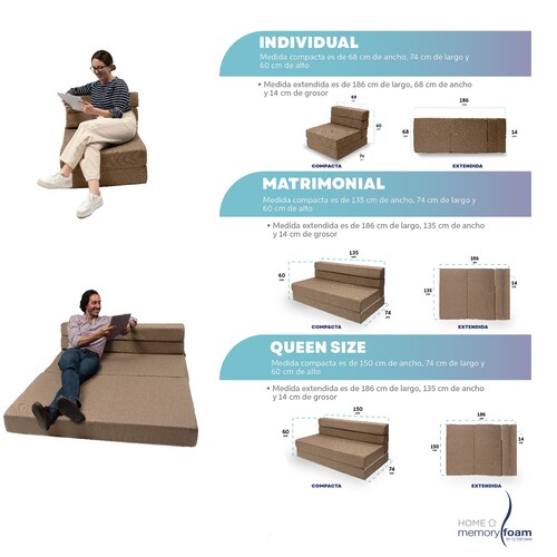 MEMORY FOAM HOME Sofá Cama Queen Size Cozy Plegable Sofá o Cama Tamaño Queen Size Color Marrón Medidas 186 x 150 x 14 cm..