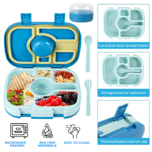 Lonchera Lunch box bento portátil para niños y adultos con 5 compartimentos de sellado hermético, libre de fugas y cubiertos incluidos, BPA FREE