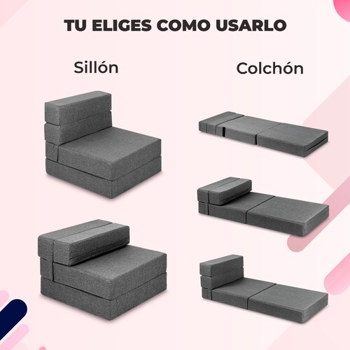 Sofá Cama Plegable Estilo Puff Individual  Gris Claro 