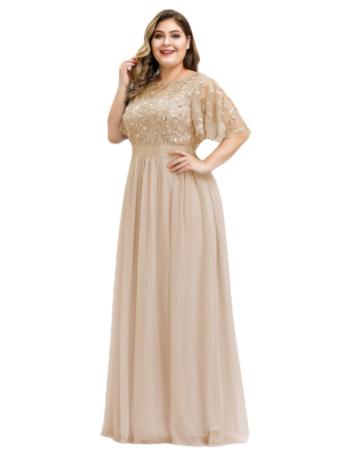 Vestido Elegante de Fiesta Largo Curvy Dorado Beige Cuello Redondo Hojitas Detalles c/Lentejuela Manga Amplia T Ch a Talla Extra