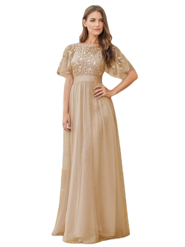Vestido Elegante de Fiesta Largo Curvy Dorado Beige Cuello Redondo Hojitas Detalles c/Lentejuela Manga Amplia T Ch a Talla Extra