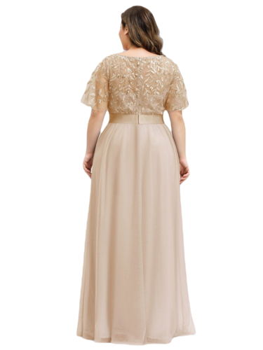 Vestido Elegante de Fiesta Largo Curvy Dorado Beige Cuello Redondo Hojitas Detalles c/Lentejuela Manga Amplia T Ch a Talla Extra