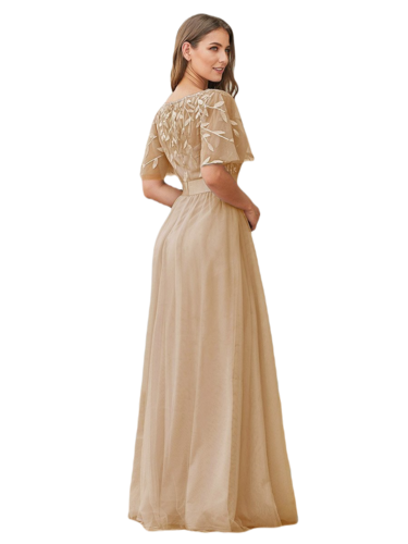 Vestido Elegante de Fiesta Largo Curvy Dorado Beige Cuello Redondo Hojitas Detalles c/Lentejuela Manga Amplia T Ch a Talla Extra