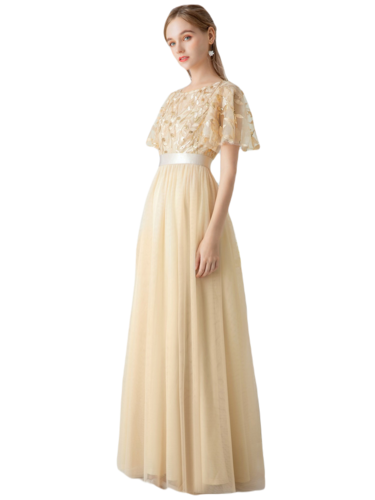 Vestido Elegante de Fiesta Largo Curvy Dorado Beige Cuello Redondo Hojitas Detalles c/Lentejuela Manga Amplia T Ch a Talla Extra