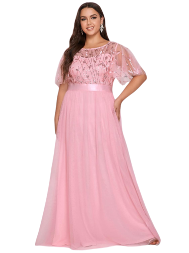Vestido Elegante de Fiesta Largo Curvy Rosa Palo Cuello Redondo Hojitas Detalles c/Lentejuela Manga Amplia T Ch a Talla Extra