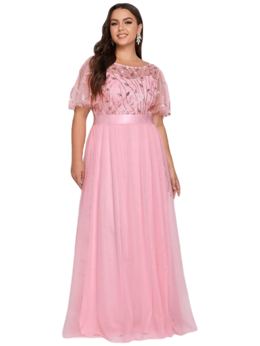 Vestido Elegante de Fiesta Largo Curvy Rosa Palo Cuello Redondo Hojitas Detalles c/Lentejuela Manga Amplia T Ch a Talla Extra