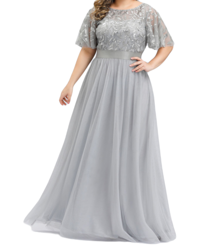 Vestido Elegante de Fiesta Largo Curvy Gris Plata Cuello Redondo Hojitas Detalles c/Lentejuela Manga Amplia T Ch a Talla Extra