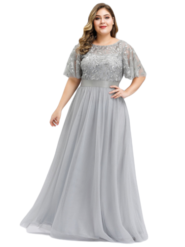Vestido Elegante de Fiesta Largo Curvy Gris Plata Cuello Redondo Hojitas Detalles c/Lentejuela Manga Amplia T Ch a Talla Extra