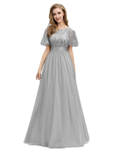 Vestido Elegante de Fiesta Largo Curvy Gris Plata Cuello Redondo Hojitas Detalles c/Lentejuela Manga Amplia T Ch a Talla Extra