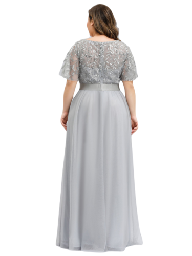 Vestido Elegante de Fiesta Largo Curvy Gris Plata Cuello Redondo Hojitas Detalles c/Lentejuela Manga Amplia T Ch a Talla Extra