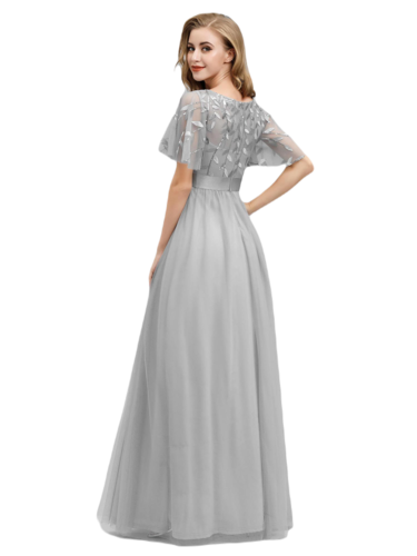 Vestido Elegante de Fiesta Largo Curvy Gris Plata Cuello Redondo Hojitas Detalles c/Lentejuela Manga Amplia T Ch a Talla Extra