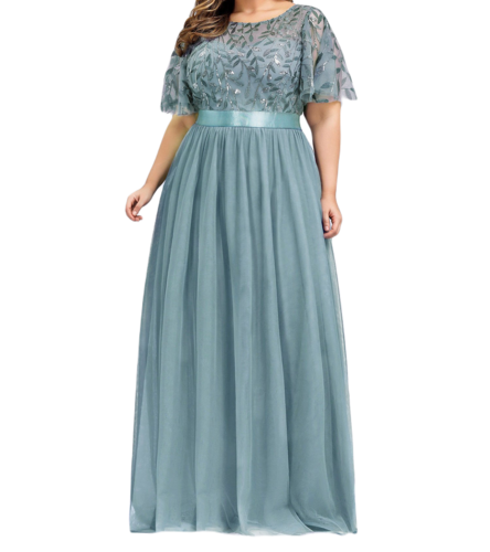 Vestido Elegante de Fiesta Largo Curvy Turquesa Dusty Cuello Redondo Hojitas Detalles c/Lentejuela Manga Amplia T Ch a Talla Extra