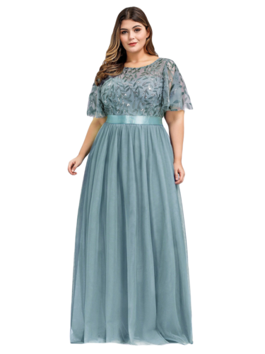 Vestido Elegante de Fiesta Largo Curvy Turquesa Dusty Cuello Redondo Hojitas Detalles c/Lentejuela Manga Amplia T Ch a Talla Extra