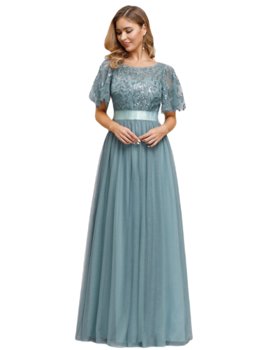 Vestido Elegante de Fiesta Largo Curvy Turquesa Dusty Cuello Redondo Hojitas Detalles c/Lentejuela Manga Amplia T Ch a Talla Extra