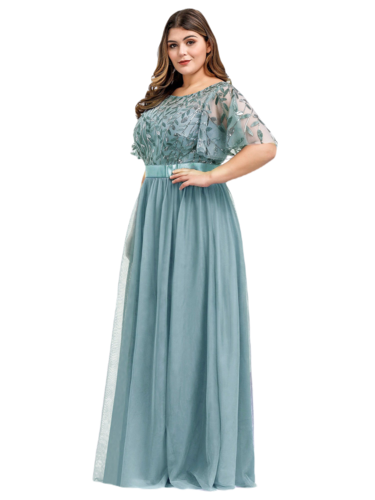 Vestido Elegante de Fiesta Largo Curvy Turquesa Dusty Cuello Redondo Hojitas Detalles c/Lentejuela Manga Amplia T Ch a Talla Extra