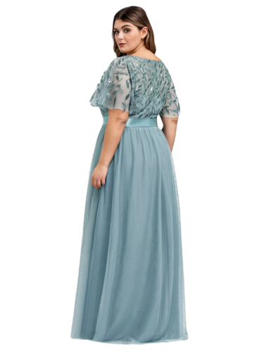 Vestido Elegante de Fiesta Largo Curvy Turquesa Dusty Cuello Redondo Hojitas Detalles c/Lentejuela Manga Amplia T Ch a Talla Extra