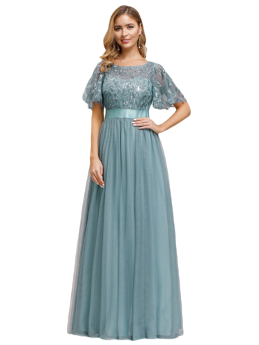 Vestido Elegante de Fiesta Largo Curvy Turquesa Dusty Cuello Redondo Hojitas Detalles c/Lentejuela Manga Amplia T Ch a Talla Extra