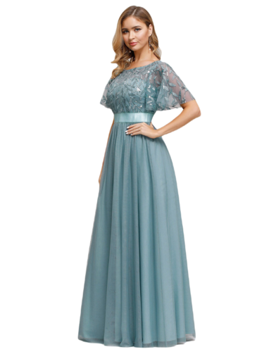 Vestido Elegante de Fiesta Largo Curvy Turquesa Dusty Cuello Redondo Hojitas Detalles c/Lentejuela Manga Amplia T Ch a Talla Extra