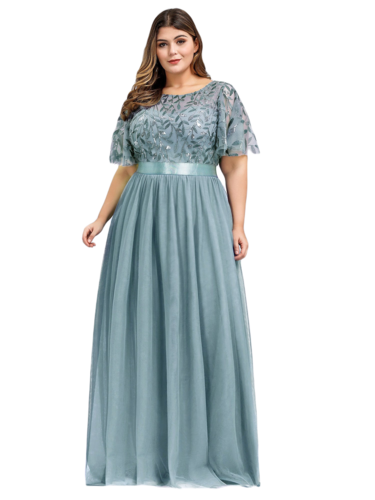 Vestido Elegante de Fiesta Largo Curvy Turquesa Dusty Cuello Redondo Hojitas Detalles c/Lentejuela Manga Amplia T Ch a Talla Extra