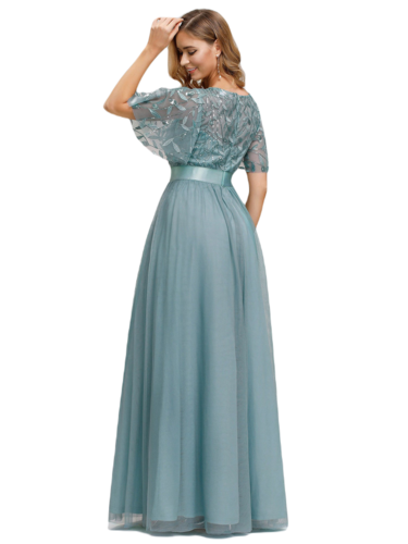Vestido Elegante de Fiesta Largo Curvy Turquesa Dusty Cuello Redondo Hojitas Detalles c/Lentejuela Manga Amplia T Ch a Talla Extra