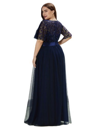 Vestido Elegante de Fiesta Largo Curvy Azul Marino Cuello Redondo Hojitas Detalles c/Lentejuela Manga Amplia T Ch a Talla Extra