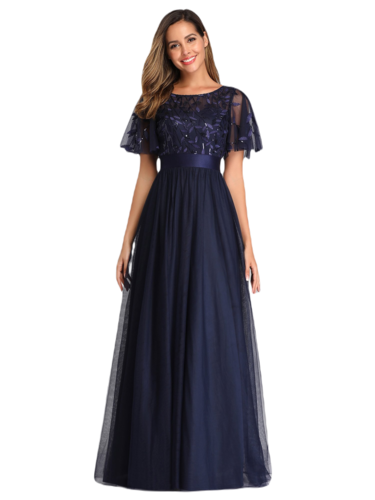 Vestido Elegante de Fiesta Largo Curvy Azul Marino Cuello Redondo Hojitas Detalles c/Lentejuela Manga Amplia T Ch a Talla Extra