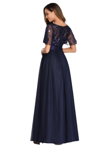 Vestido Elegante de Fiesta Largo Curvy Azul Marino Cuello Redondo Hojitas Detalles c/Lentejuela Manga Amplia T Ch a Talla Extra