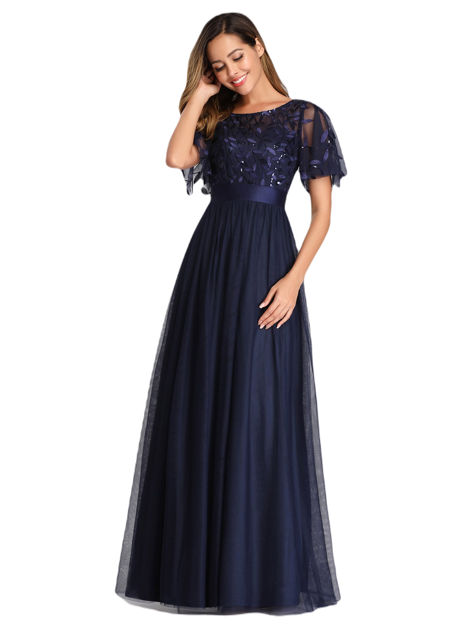 Vestido Elegante de Fiesta Largo Curvy Azul Marino Cuello Redondo Hojitas Detalles c Lentejuela Manga Amplia