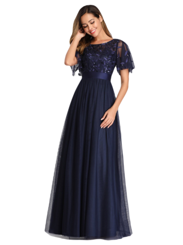 Vestido Elegante de Fiesta Largo Curvy Azul Marino Cuello Redondo Hojitas Detalles c/Lentejuela Manga Amplia T Ch a Talla Extra